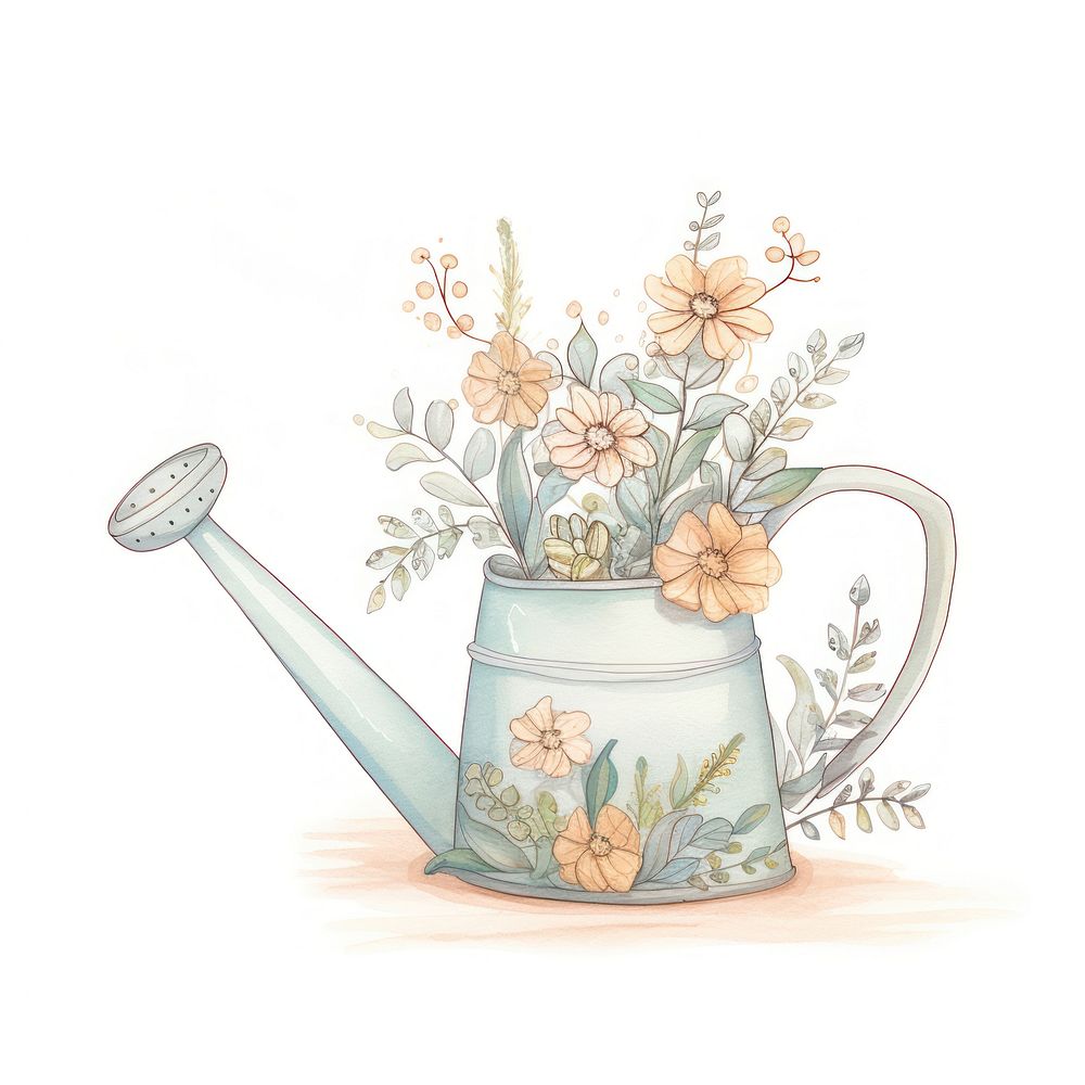 Watering can drawing flower white background. AI generated Image by rawpixel.