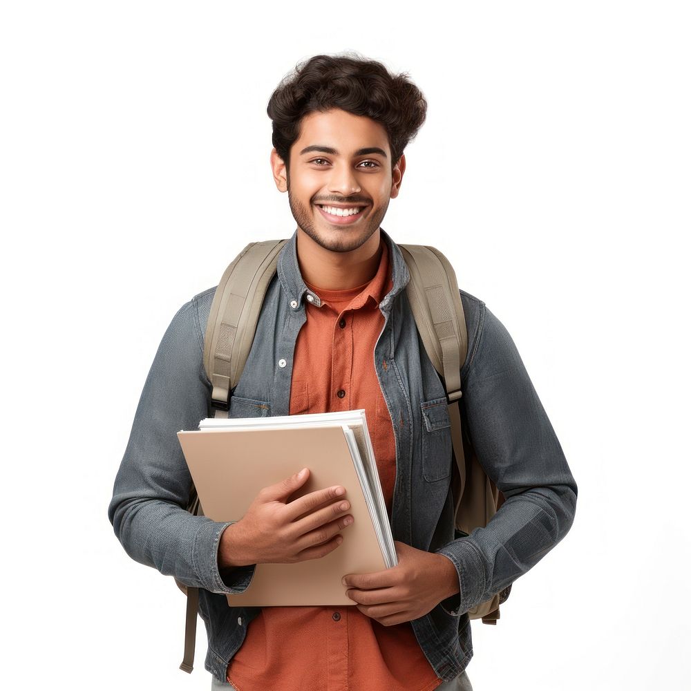 Young indian man student standing backpack. 