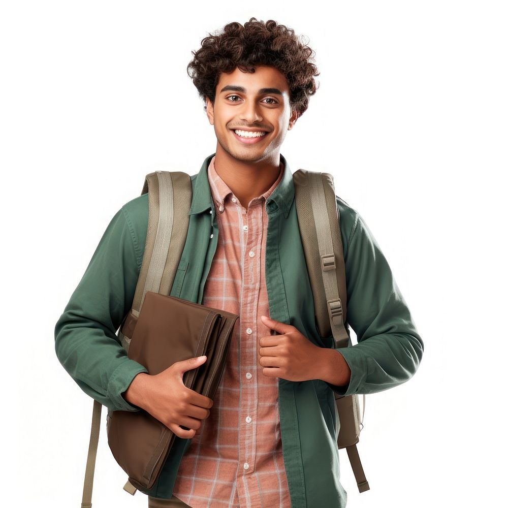 Young indian man backpack standing smiling. 
