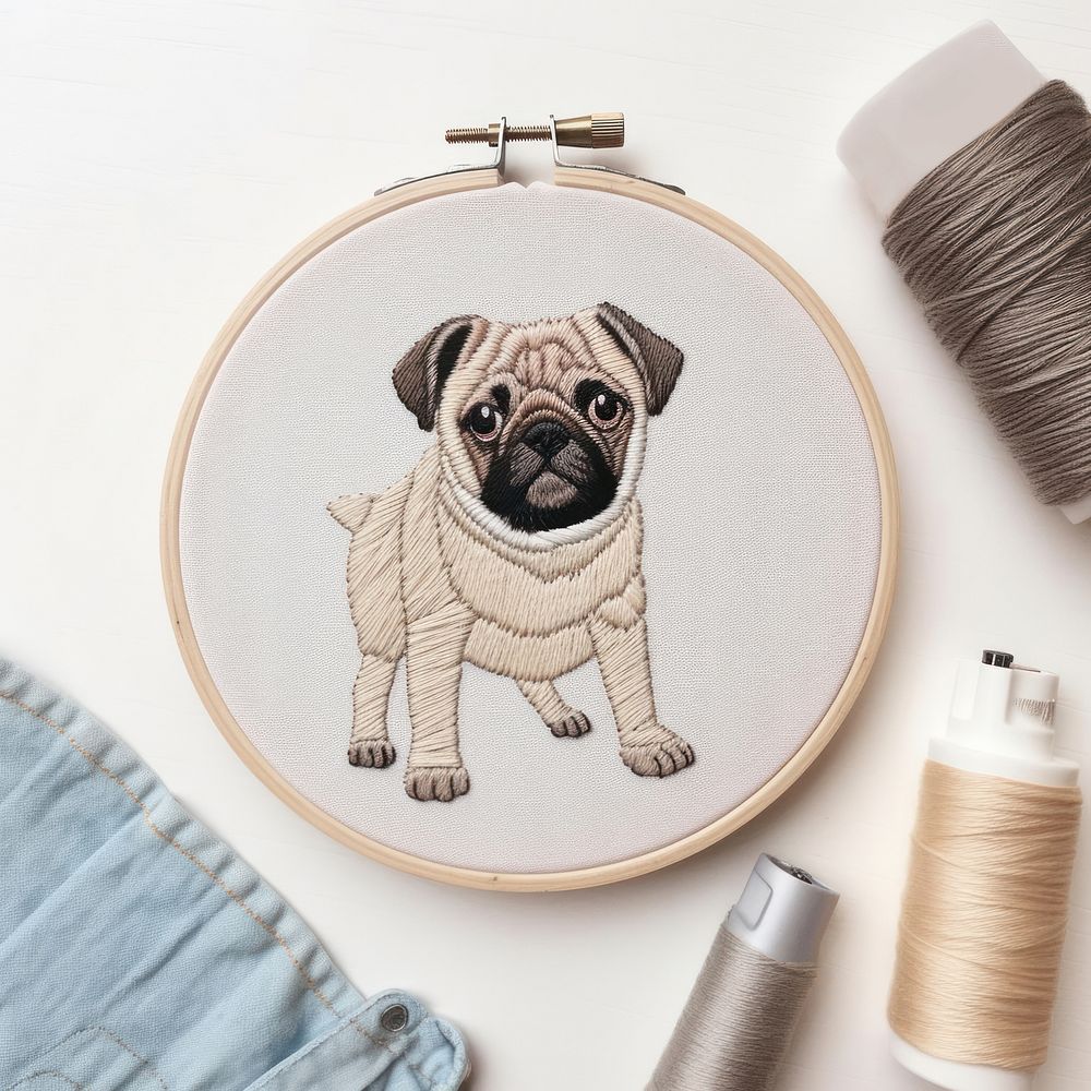 Pug embroidery pattern textile. AI generated Image by rawpixel.