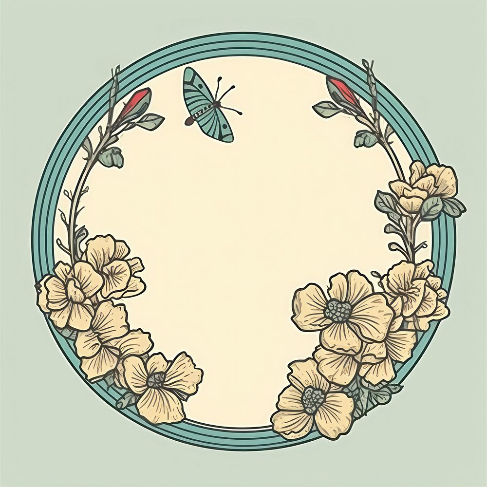 Flower and butterfly circle frame pattern plant art. AI generated Image by rawpixel.