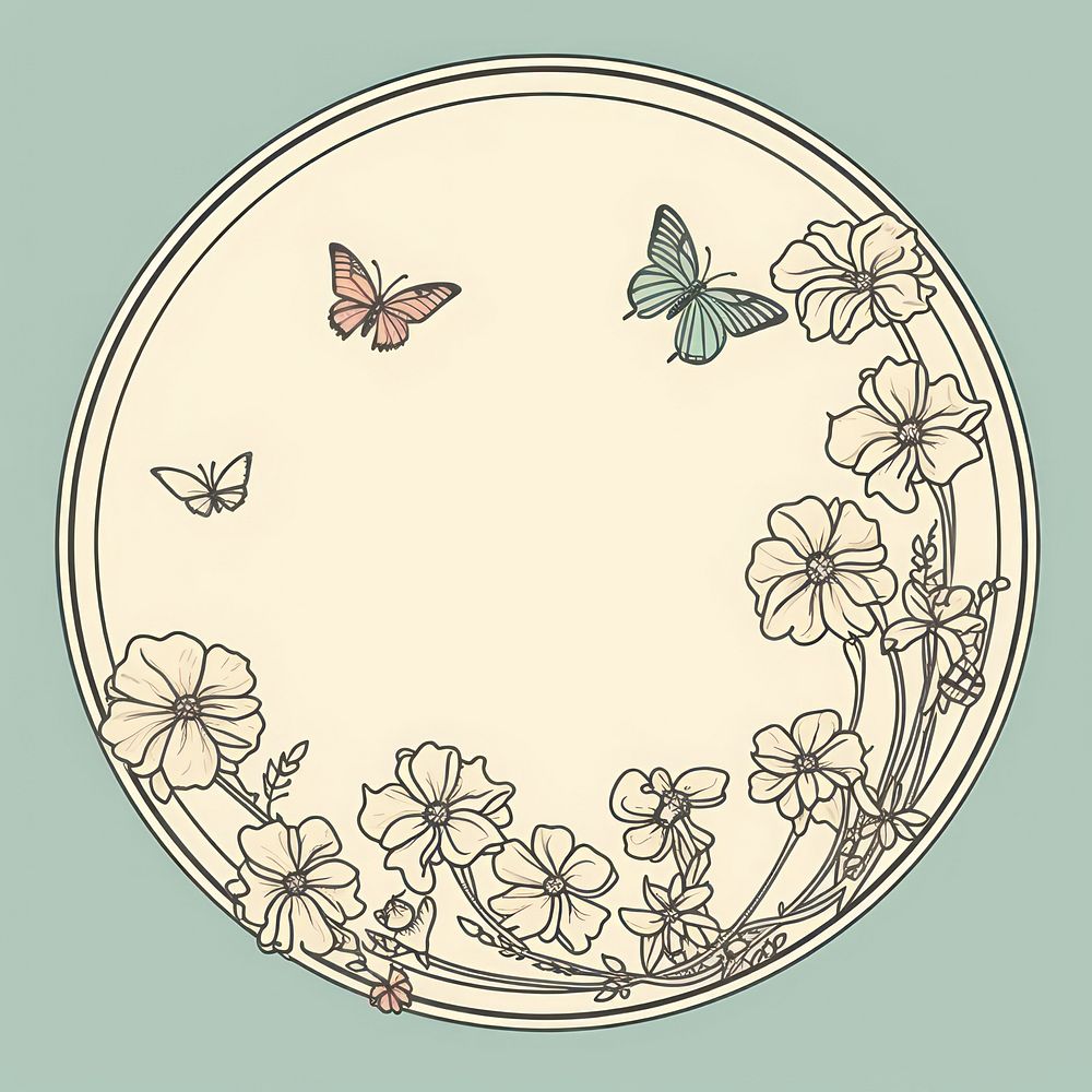 Flower and butterfly circle frame pattern art embroidery. AI generated Image by rawpixel.