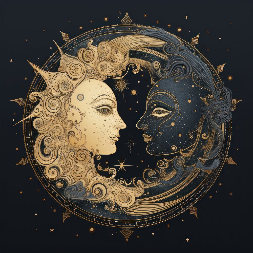 Illustration of the moon and sun adult gold photography. AI generated Image by rawpixel.