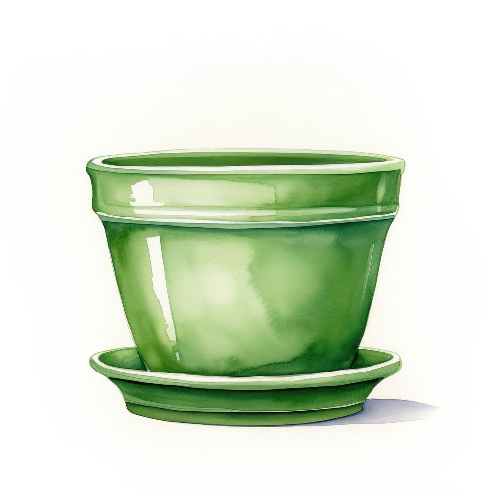 Single green pot with saucer cup white background flowerpot. AI generated Image by rawpixel.