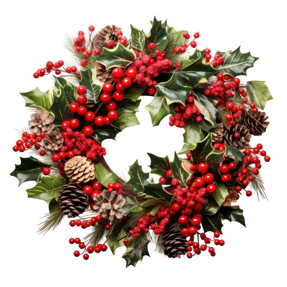 Christmas decorative wreath of holly christmas plant white background. AI generated Image by rawpixel.