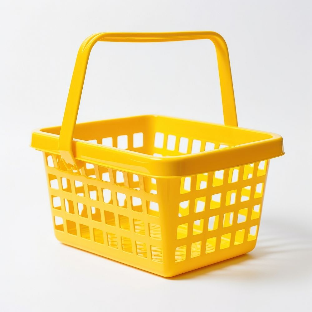 Yellow shopping basket plastic white background container. 