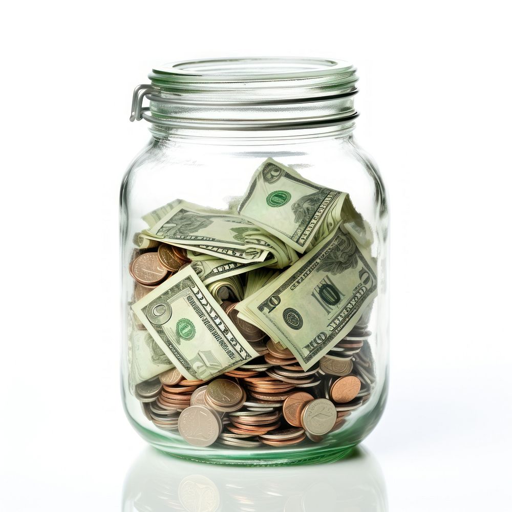 Glass jar full of money glass white background investment. AI generated Image by rawpixel.