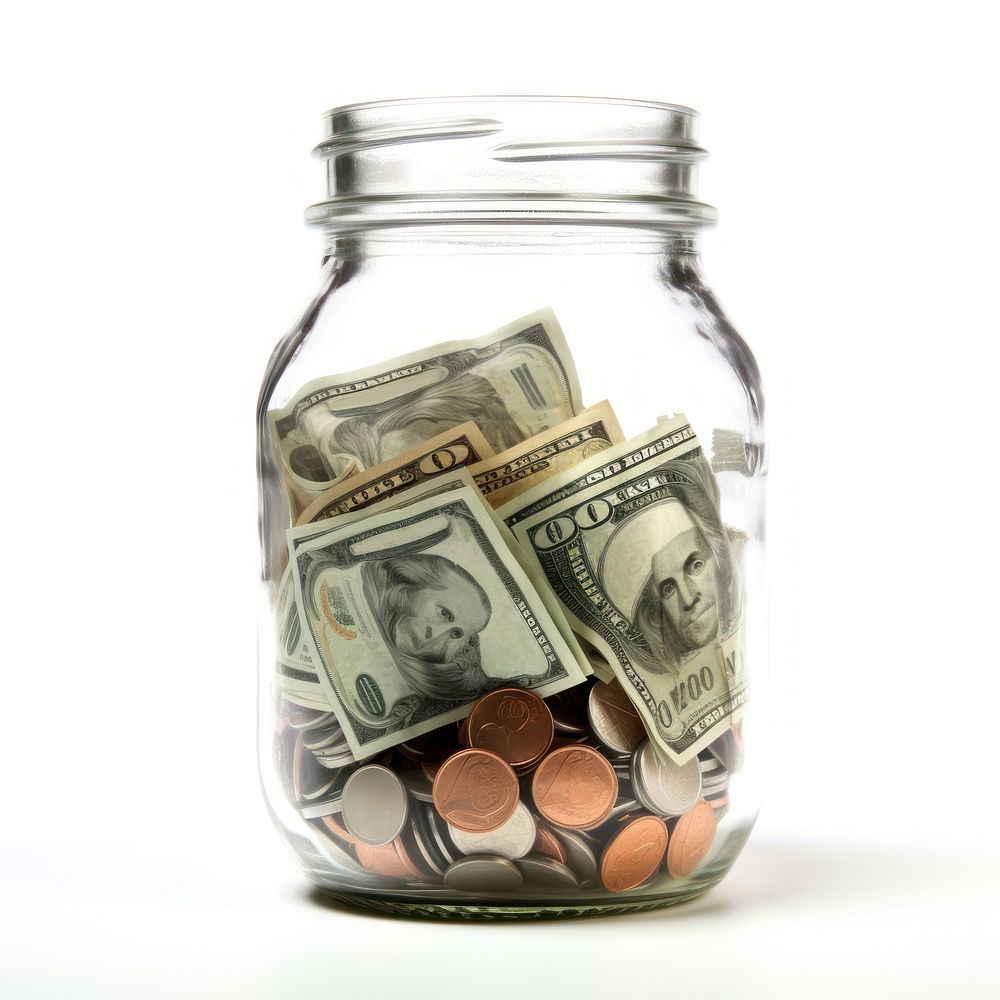 Glass jar full of overflow money glass white background investment. AI generated Image by rawpixel.