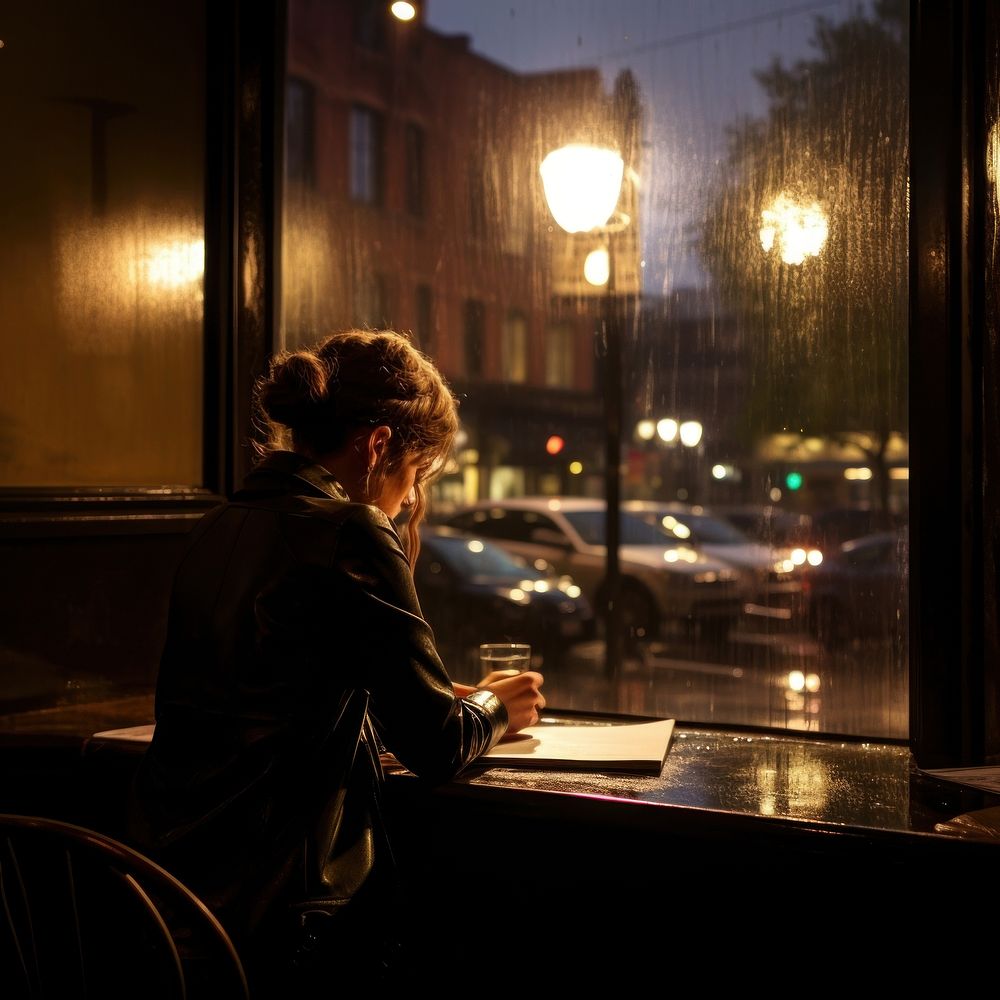 Working notebook women sitting in cafe seen through glass rainny day lighting evening adult. AI generated Image by rawpixel.