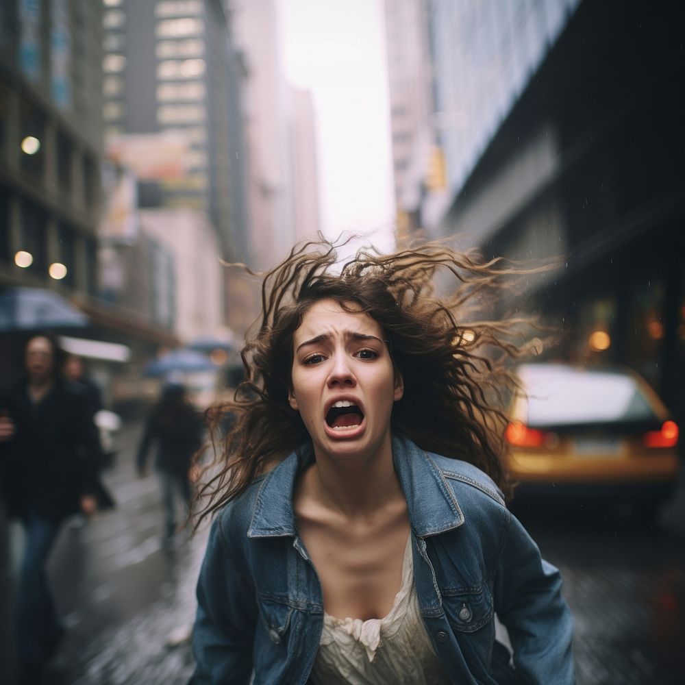 Girl cry at street shouting motion adult. 