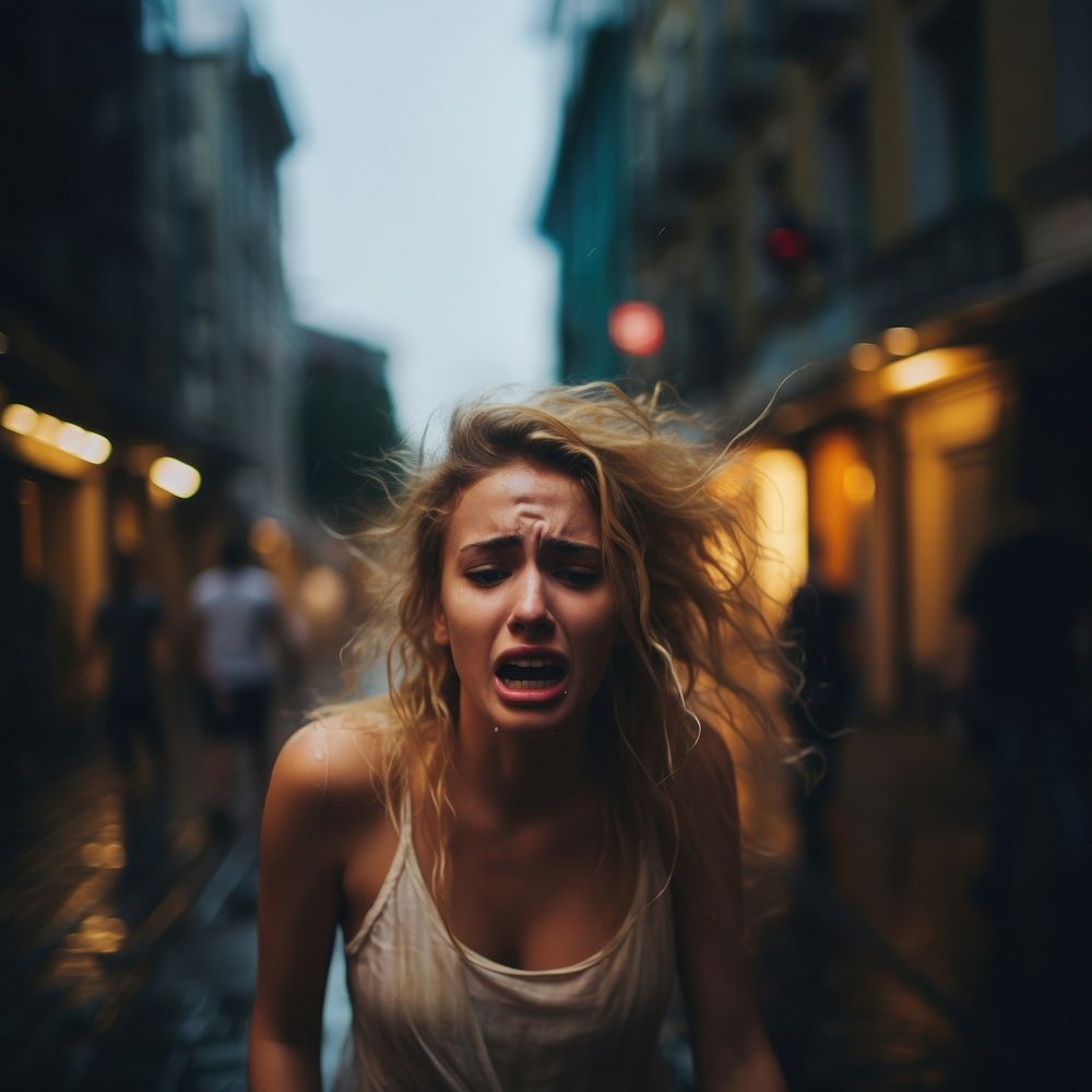 Girl cry at street motion adult architecture. AI generated Image by rawpixel.