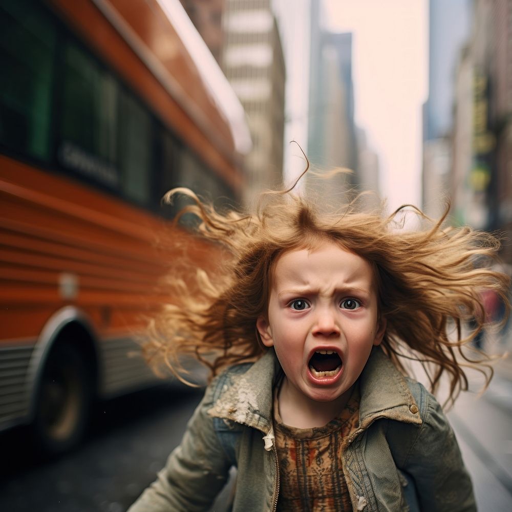 Little girl cry at street shouting motion transportation. AI generated Image by rawpixel.