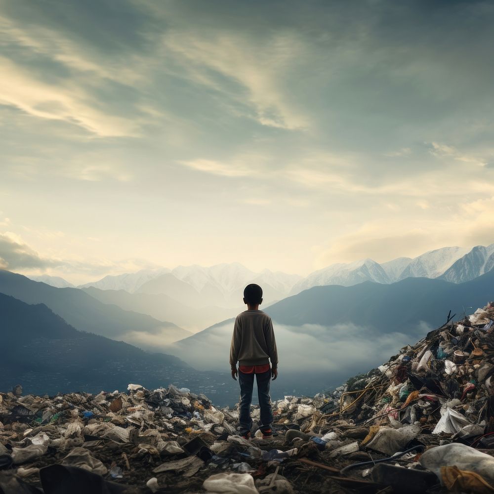 Child facing a mountain of garbage adult contemplation tranquility. AI generated Image by rawpixel.