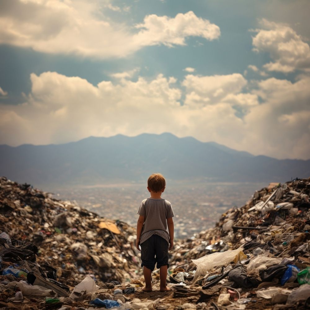 Child facing a mountain of garbage landscape pollution solitude. AI generated Image by rawpixel.