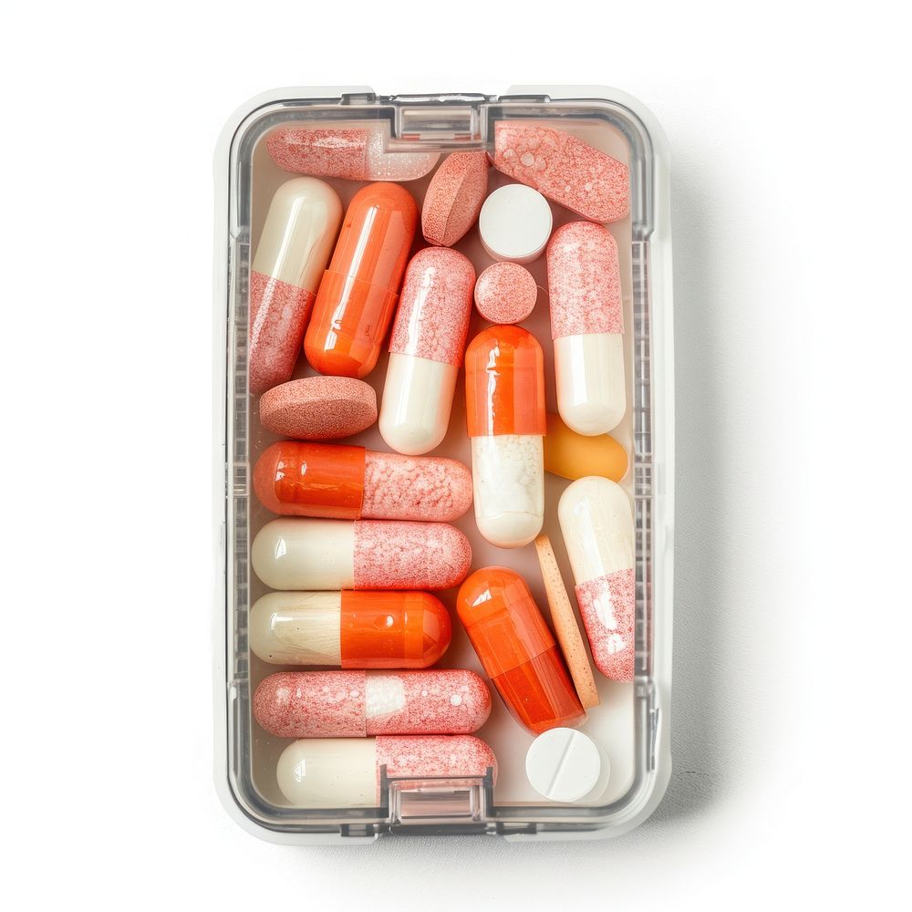 Pills in plastic box white background medication container. AI generated Image by rawpixel.