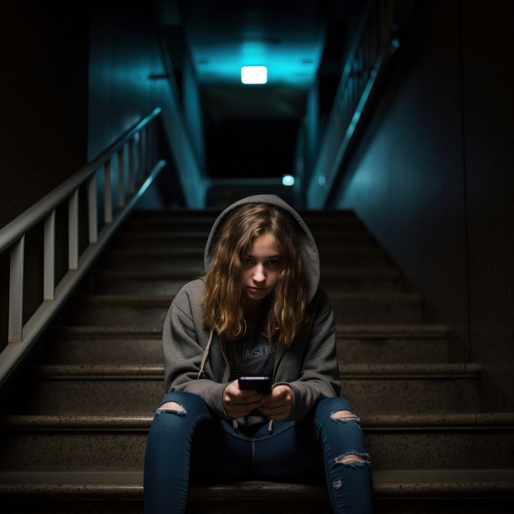 Teenage girl sitting architecture staircase. AI generated Image by rawpixel.