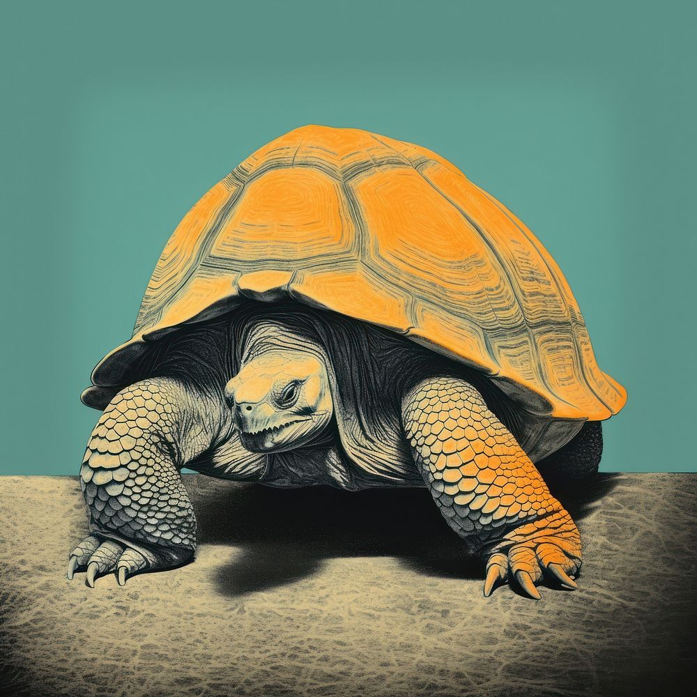 Silkscreen of A portrait of Big old giant turtle reptile animal wildlife. AI generated Image by rawpixel.