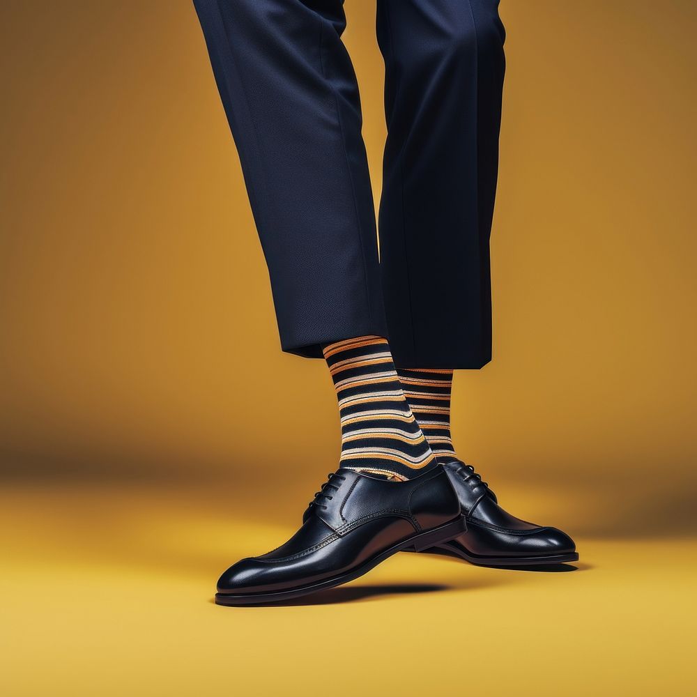 A person wearing a pair of shoes with striped socks footwear adult studio shot. AI generated Image by rawpixel.