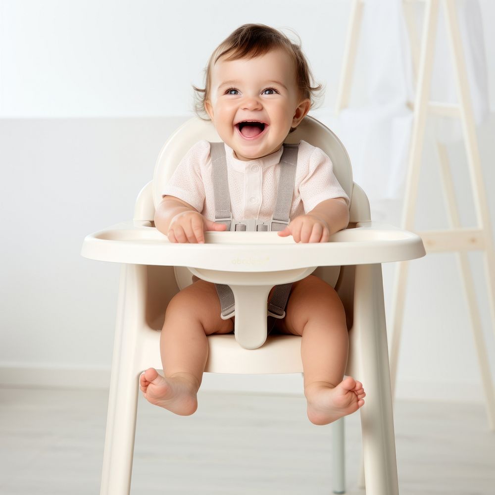 A baby sitting in a high chair with a happy face furniture portrait innocence. AI generated Image by rawpixel.