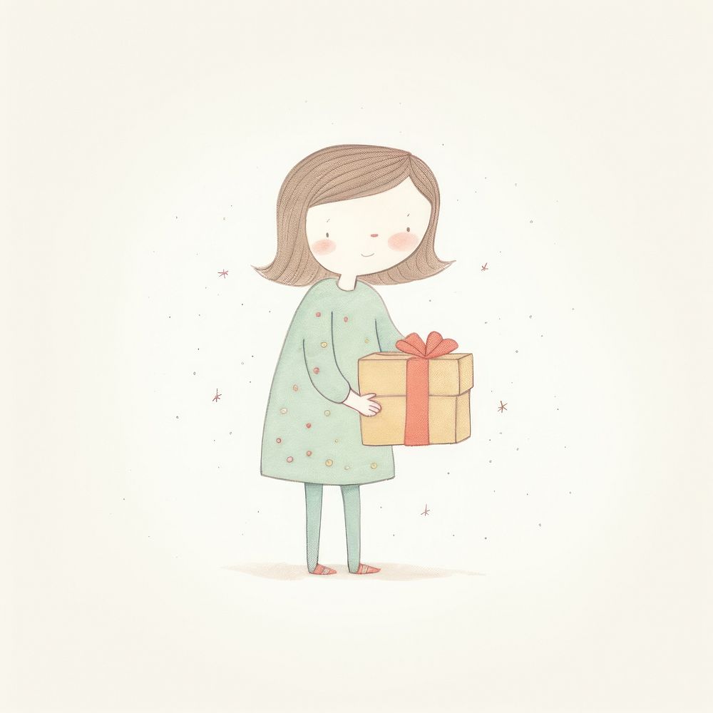 Girl character holding gift drawing sketch celebration. AI generated Image by rawpixel.