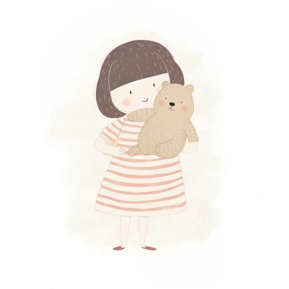 Girl character hugging a teddy bear drawing sketch toy. AI generated Image by rawpixel.