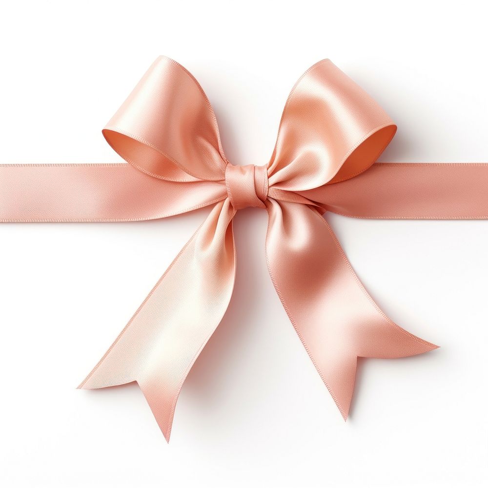 Soft peach pink gift ribbon and bow with tails horizontal border white background celebration anniversary. AI generated…