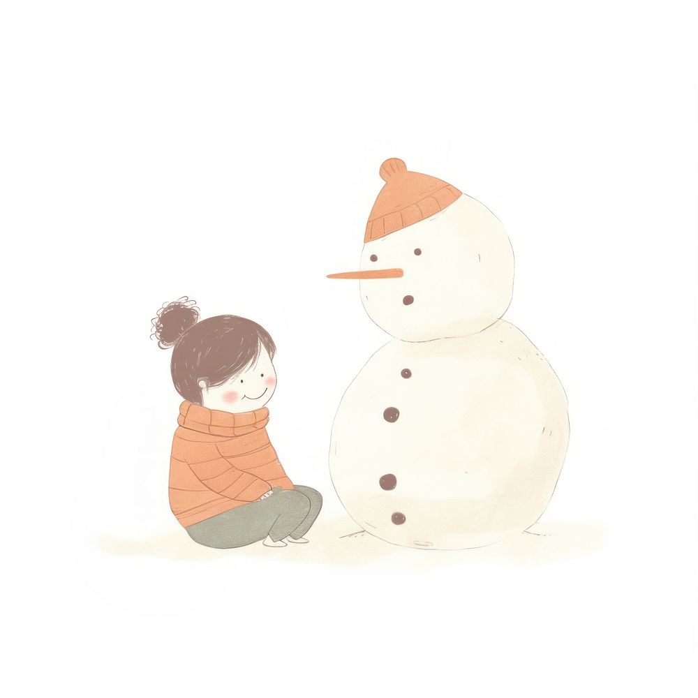 Girl character sitting and building snow man snowman winter white background. AI generated Image by rawpixel.
