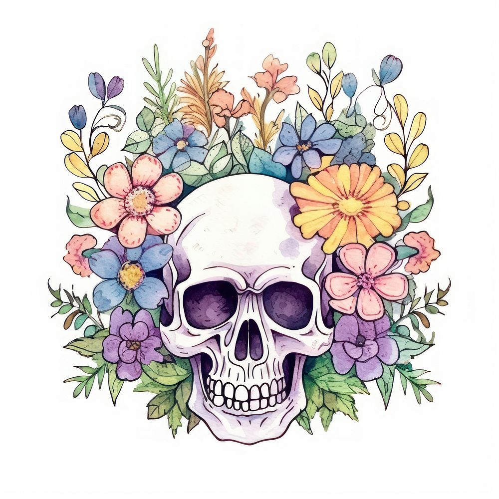 Skull with flowers drawing pattern sketch. AI generated Image by rawpixel.