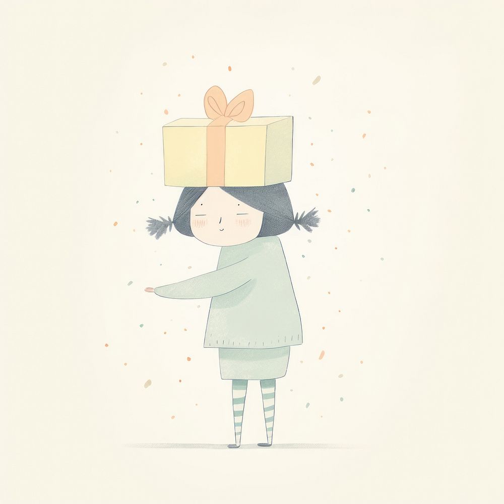 Girl character holding gift box portrait drawing sketch. AI generated Image by rawpixel.