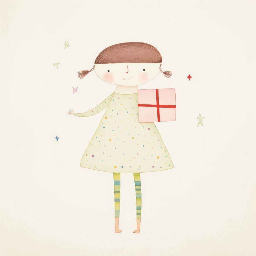 Girl character holding gift box pattern art celebration. AI generated Image by rawpixel.