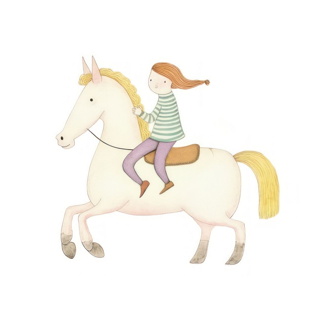 Girl character riding unicorn drawing animal mammal. 