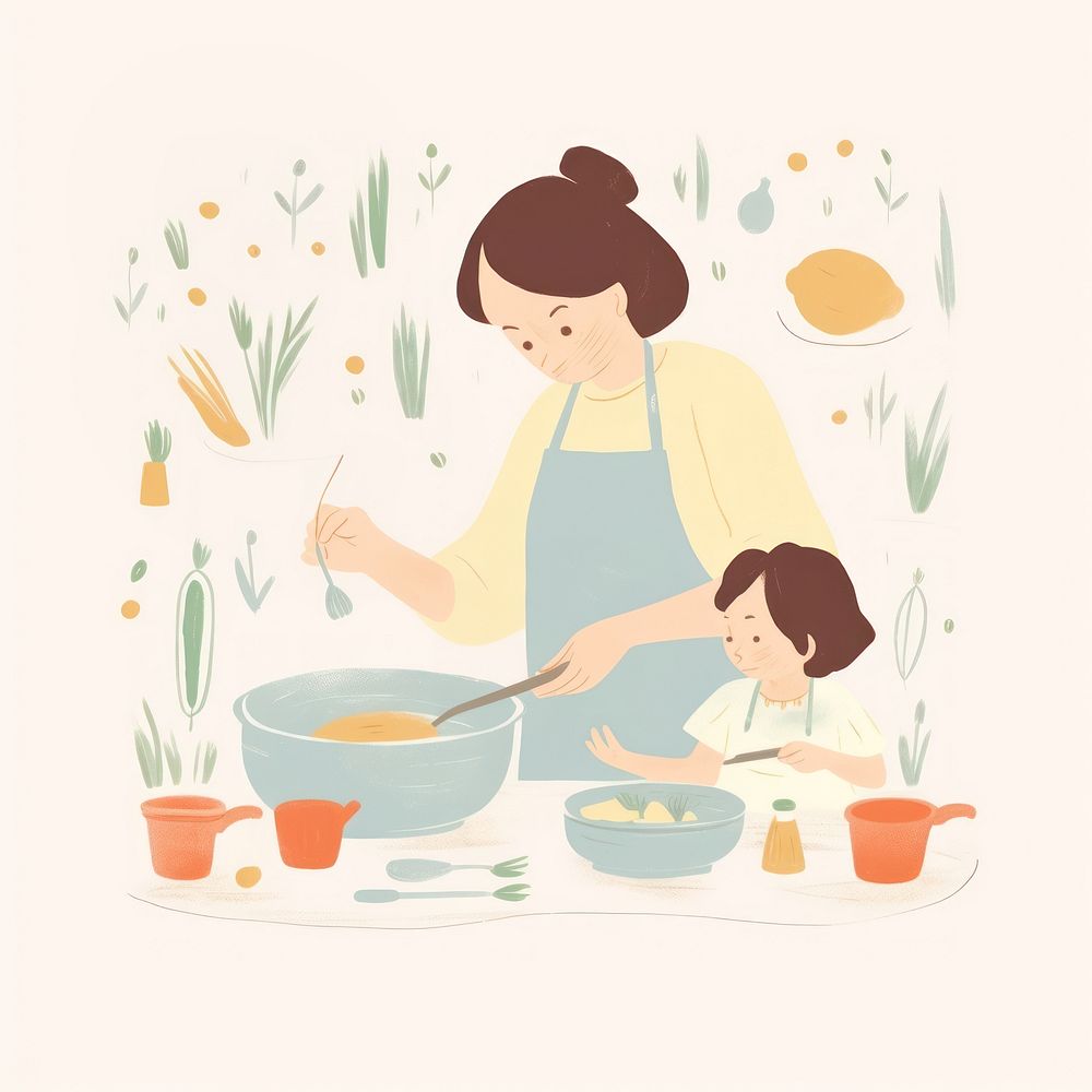 Mom and kid characters cooking together adult child food. AI generated Image by rawpixel.