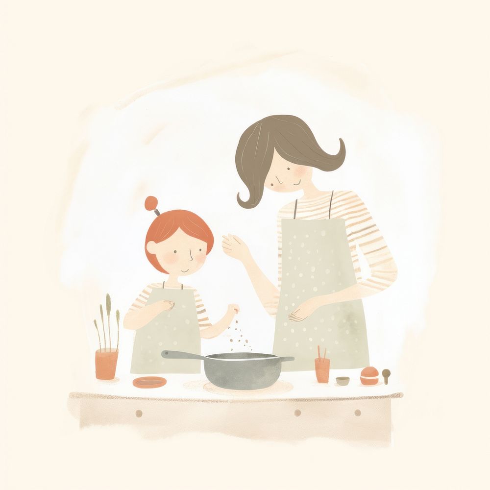 Mom and kid characters cooking together drawing sketch adult. AI generated Image by rawpixel.