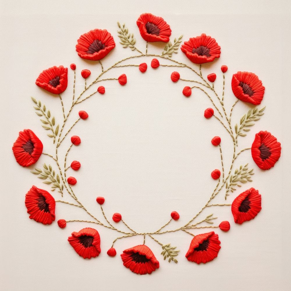 Little red Poppy circle border pattern embroidery wreath. AI generated Image by rawpixel.