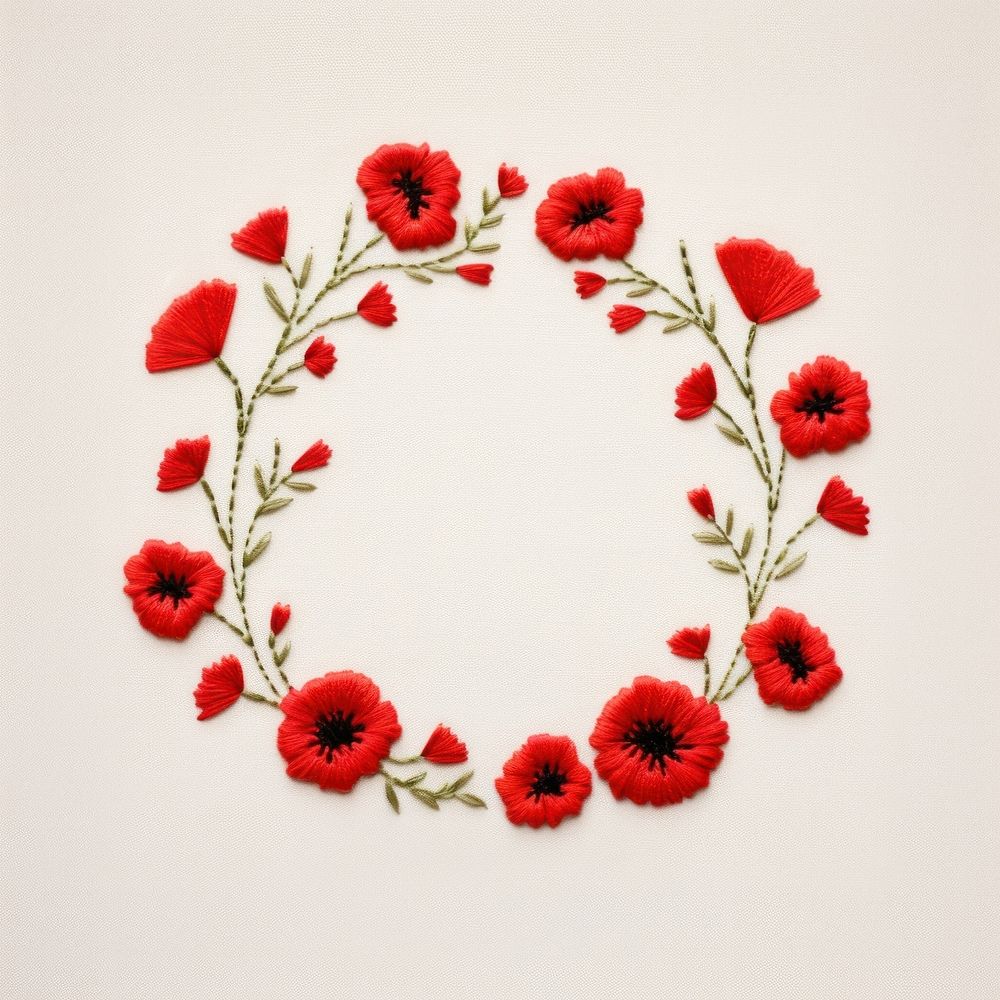 Little red Poppy circle border pattern embroidery flower. AI generated Image by rawpixel.
