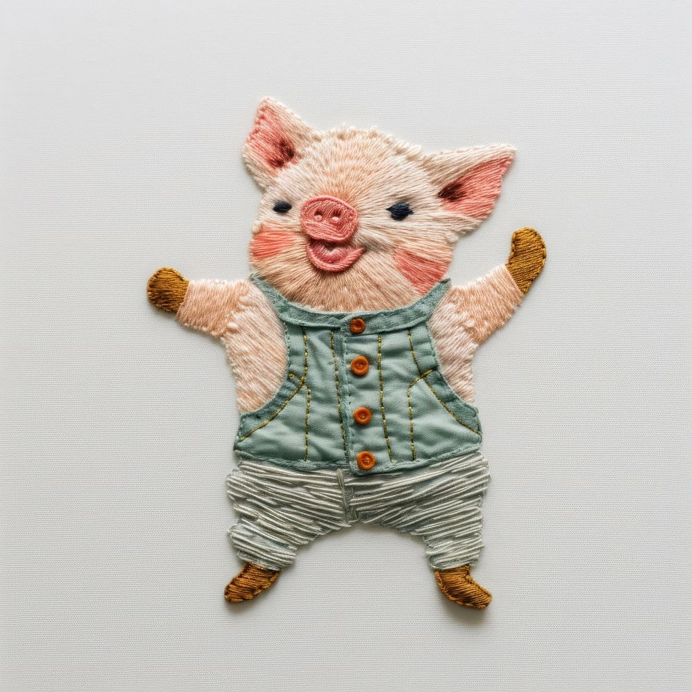 Pig dancing embroidery textile pattern. AI generated Image by rawpixel.