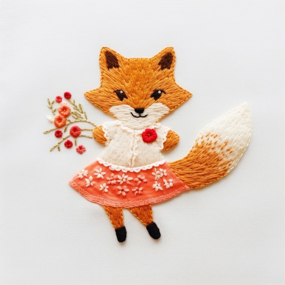 Red fox dancing embroidery pattern textile. 