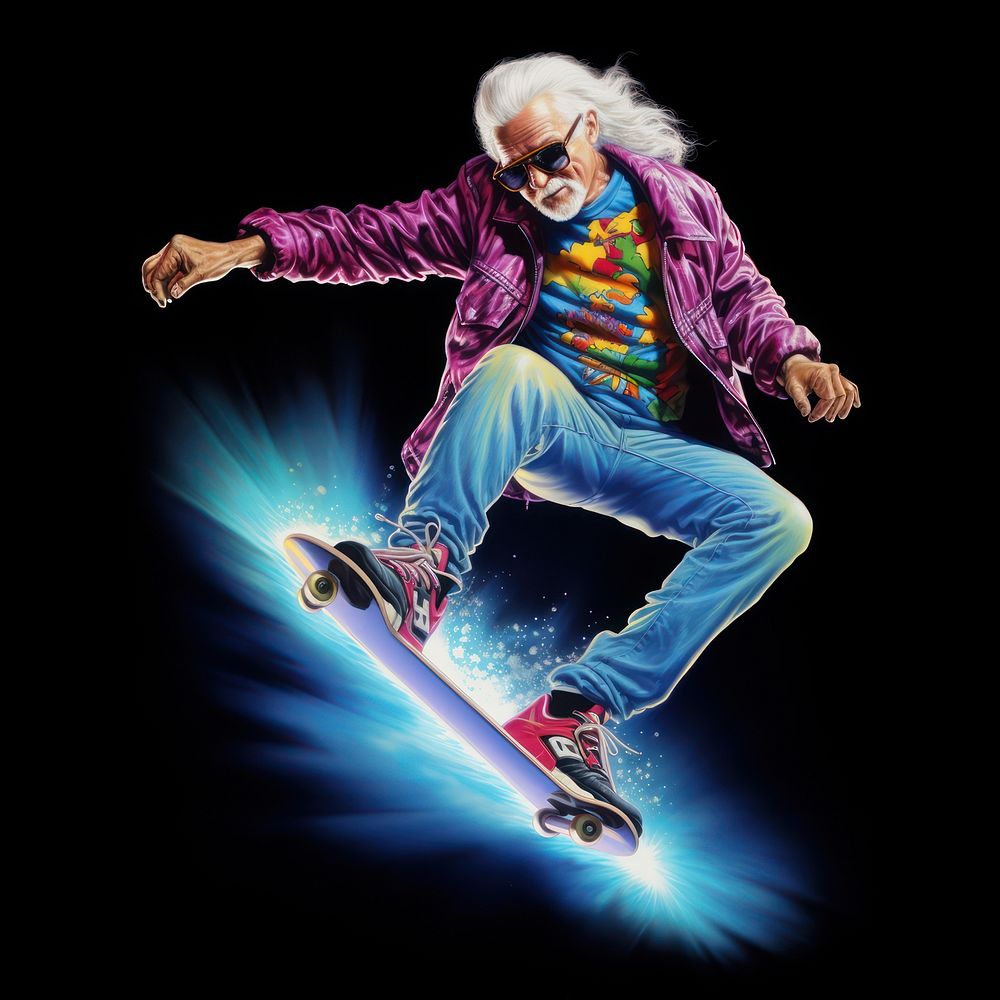 A old man from the 1970s playing skateboard snowboarding footwear sports. 