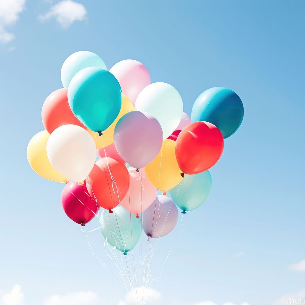 Colorful balloons floating against a clear white background blue joy sky. AI generated Image by rawpixel.