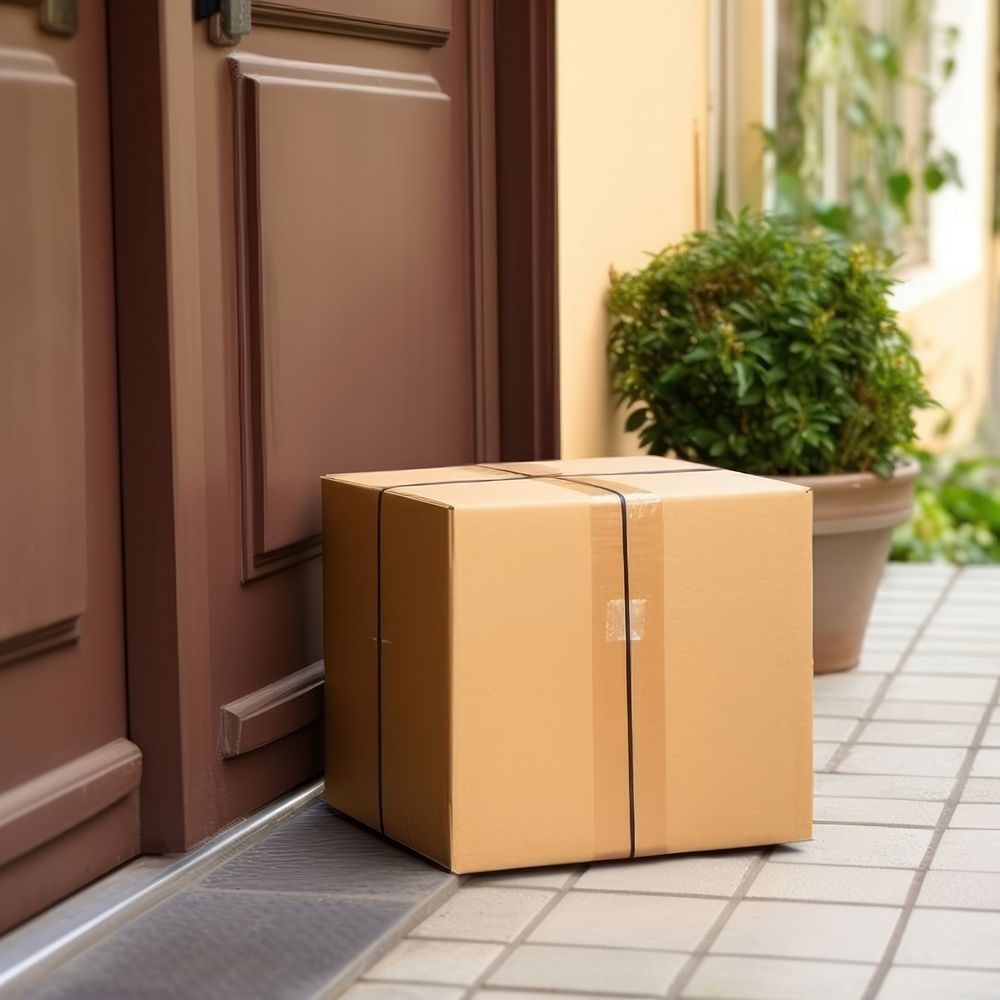 Parcel infront of your doorhouse cardboard carton plant. AI generated Image by rawpixel.