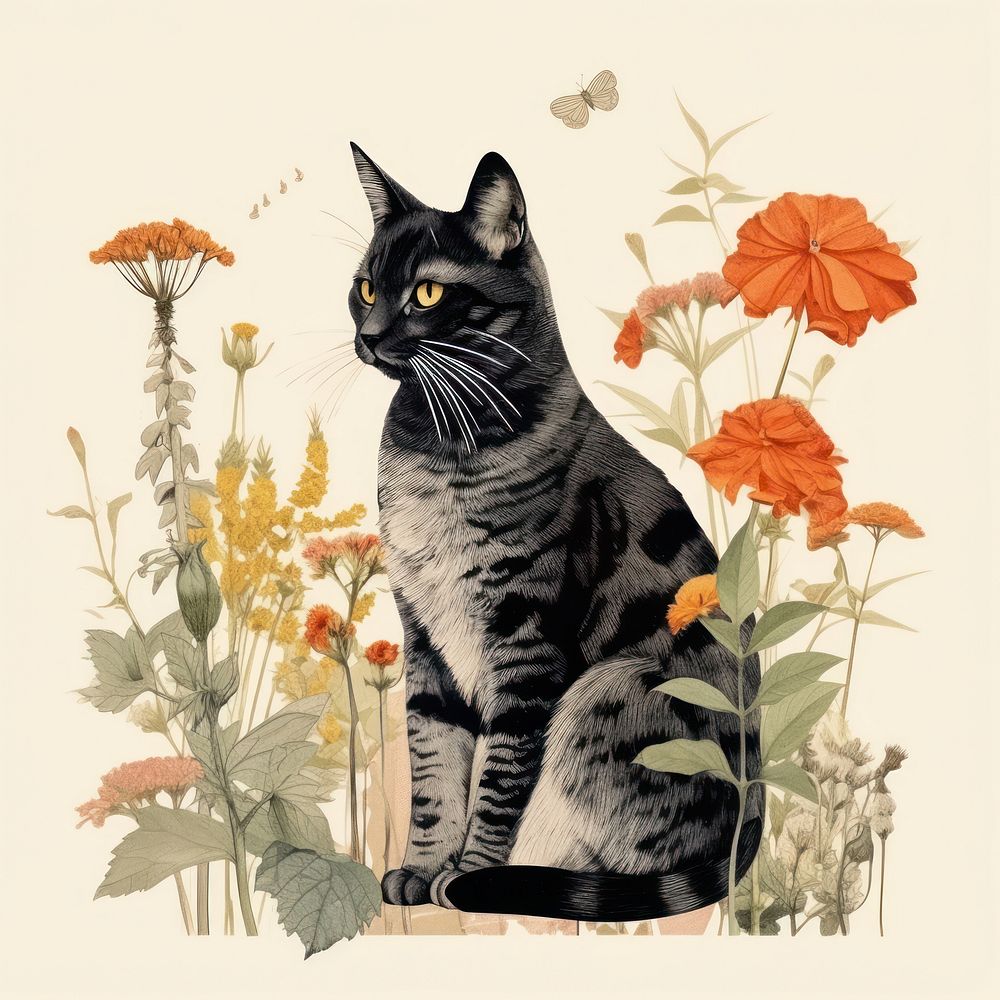 Cat with flower drawing animal mammal. 