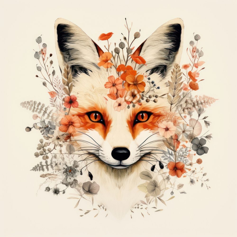 Fox with flower face drawing pattern animal. AI generated Image by rawpixel.