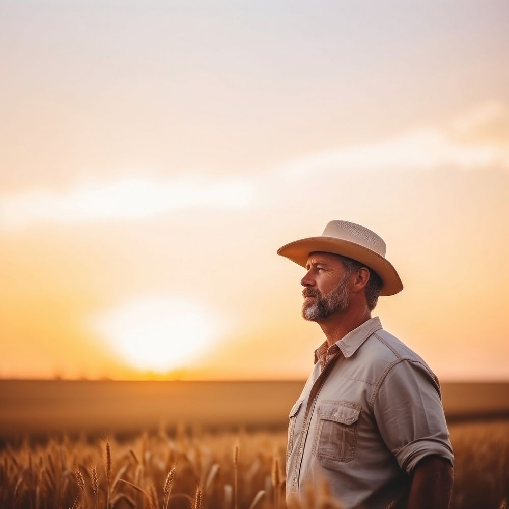 Male farmer and the wheat field landscape outdoors sunset. AI generated Image by rawpixel.