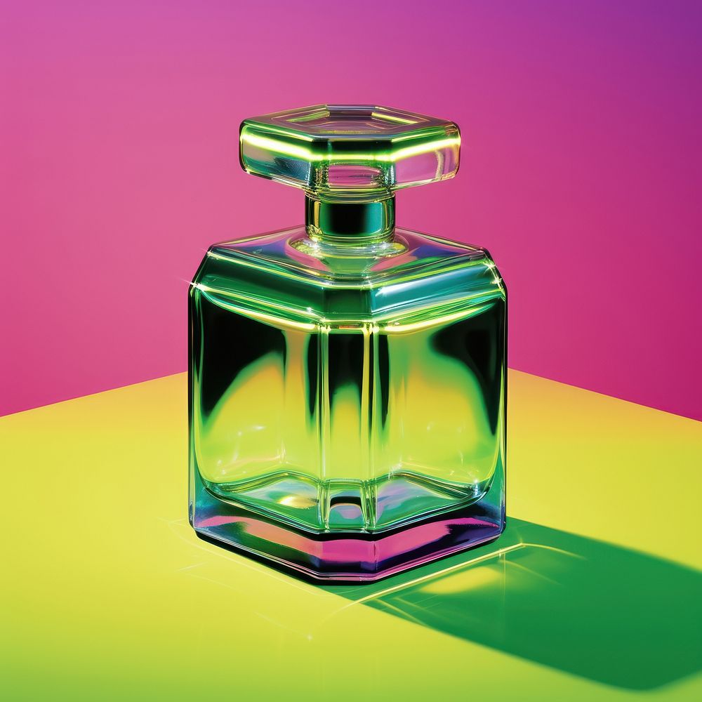 Glass bottle of perfume rectangle shape green cosmetics purple. AI generated Image by rawpixel.