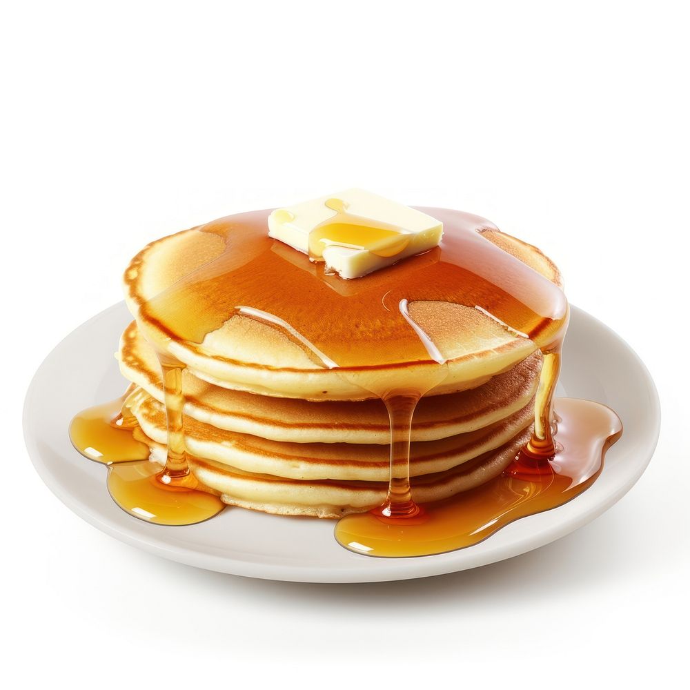 Pancakes with syrup and butter on a white plate dessert food white background. AI generated Image by rawpixel.