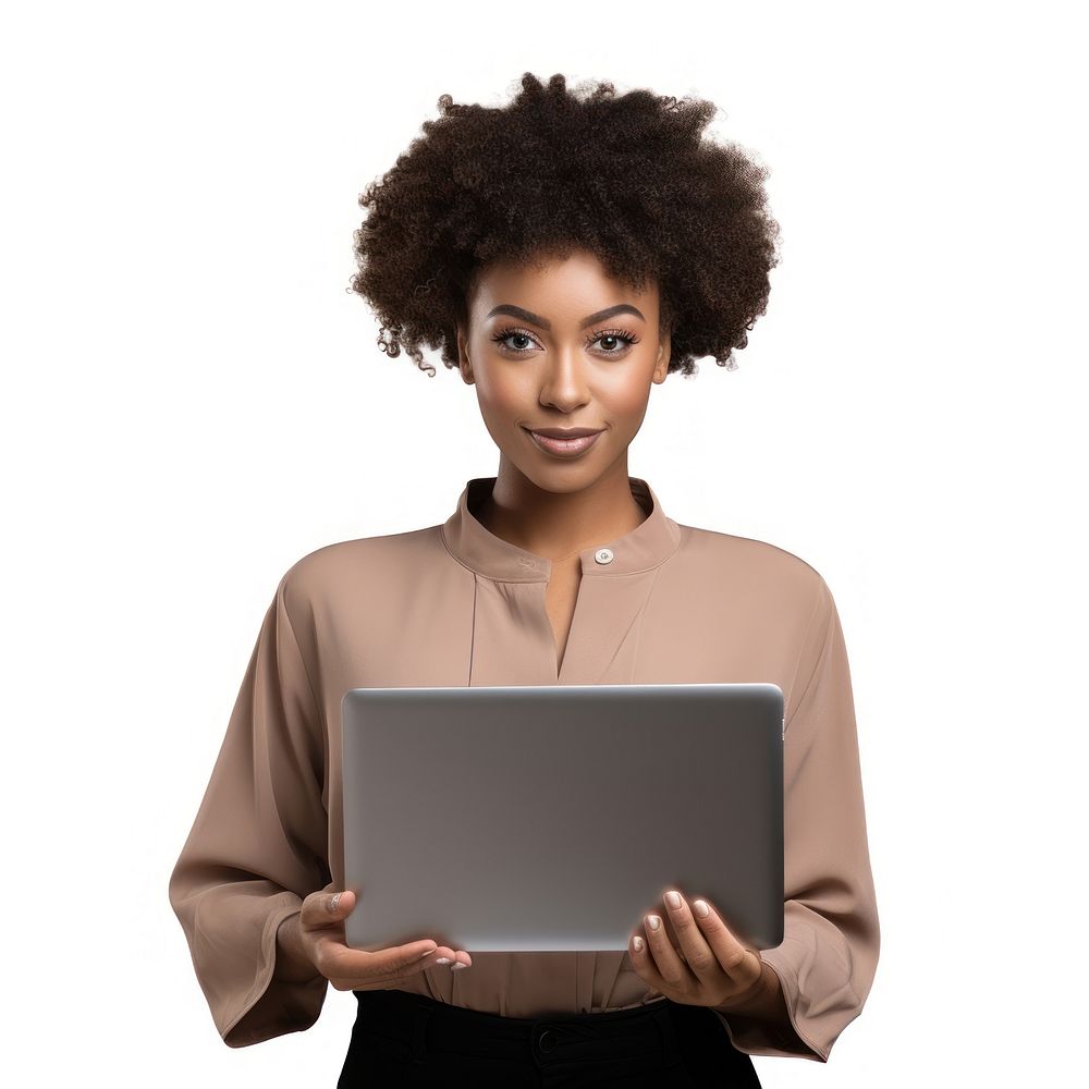 Young african woman holding a laptop and showing the screen photography computer portrait. AI generated Image by rawpixel.
