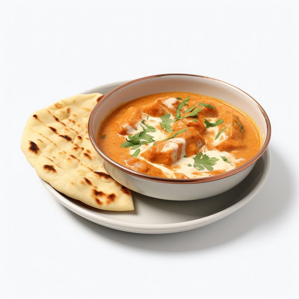 Bowl of butter chicken with a side of naan curry bread plate. AI generated Image by rawpixel.