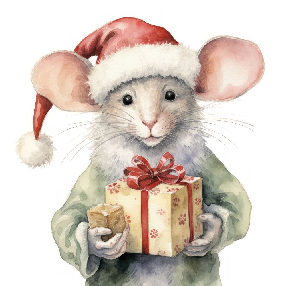 A mice wearing festive Santa Hats Holding a gift box mammal rodent animal. AI generated Image by rawpixel.