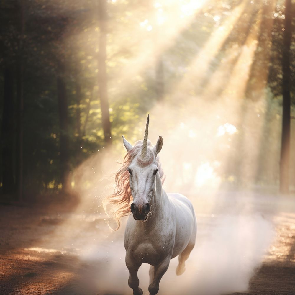 Unicorn run past water mist sunlight mammal animal. AI generated Image by rawpixel.