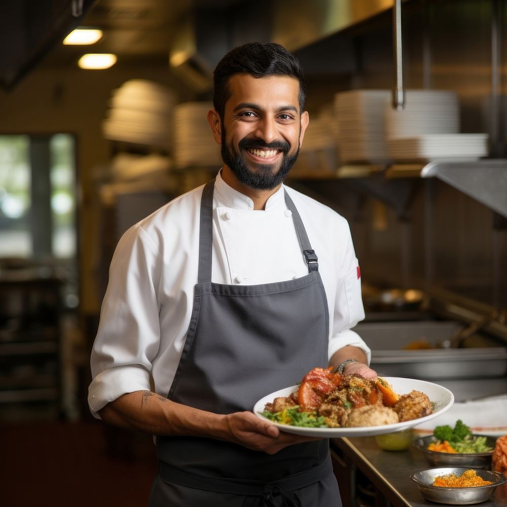 South Asian chef plate smiling holding. AI generated Image by rawpixel.